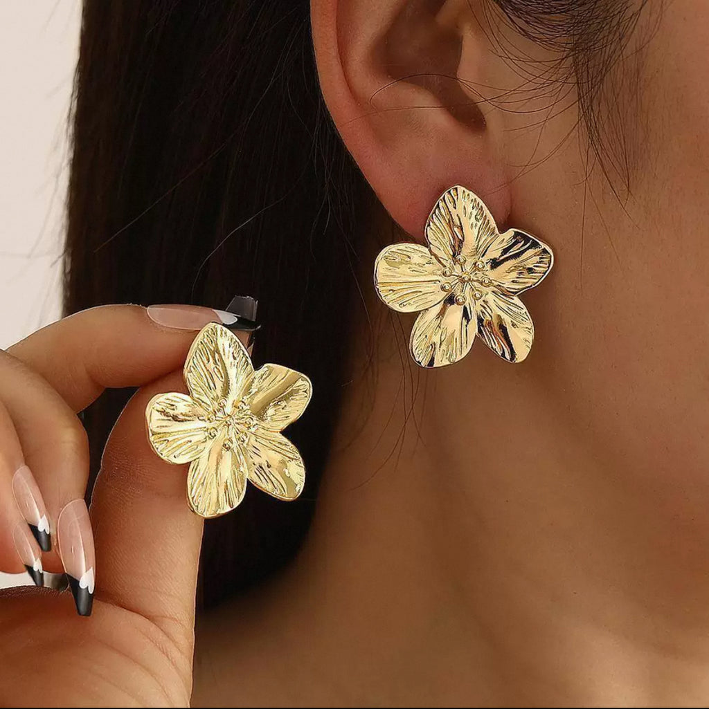 Gold Textured Flower Statement Earrings
