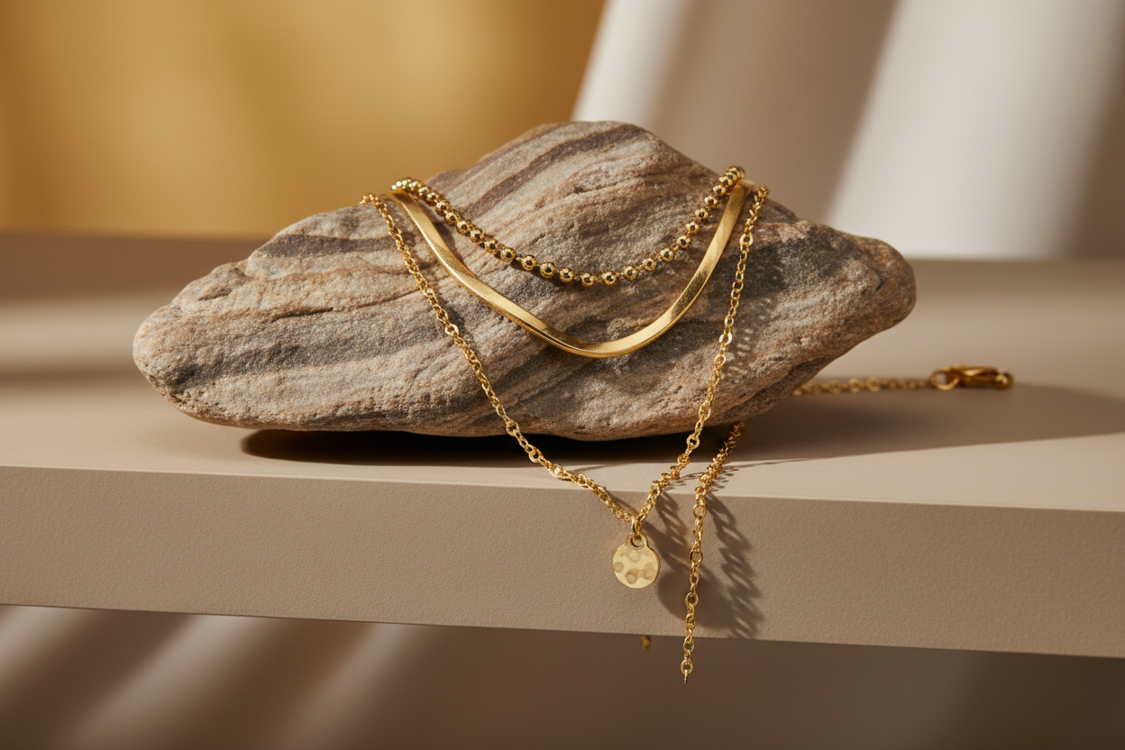 A gold women double layer necklace on a rock and half on a beige color shelf background also gold beige 
