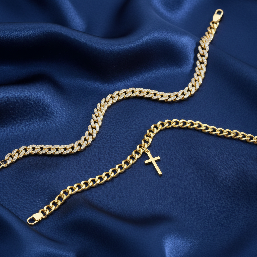 Gold chain bracelets with pavé diamonds and cross pendant on midnight silk cloth