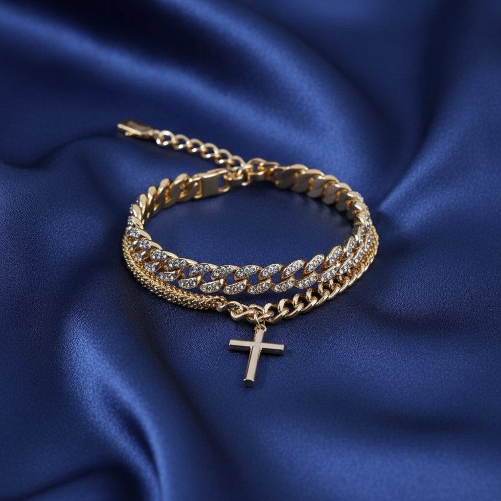 Layered gold and silver chain bracelets with cross pendant on midnight silk cloth