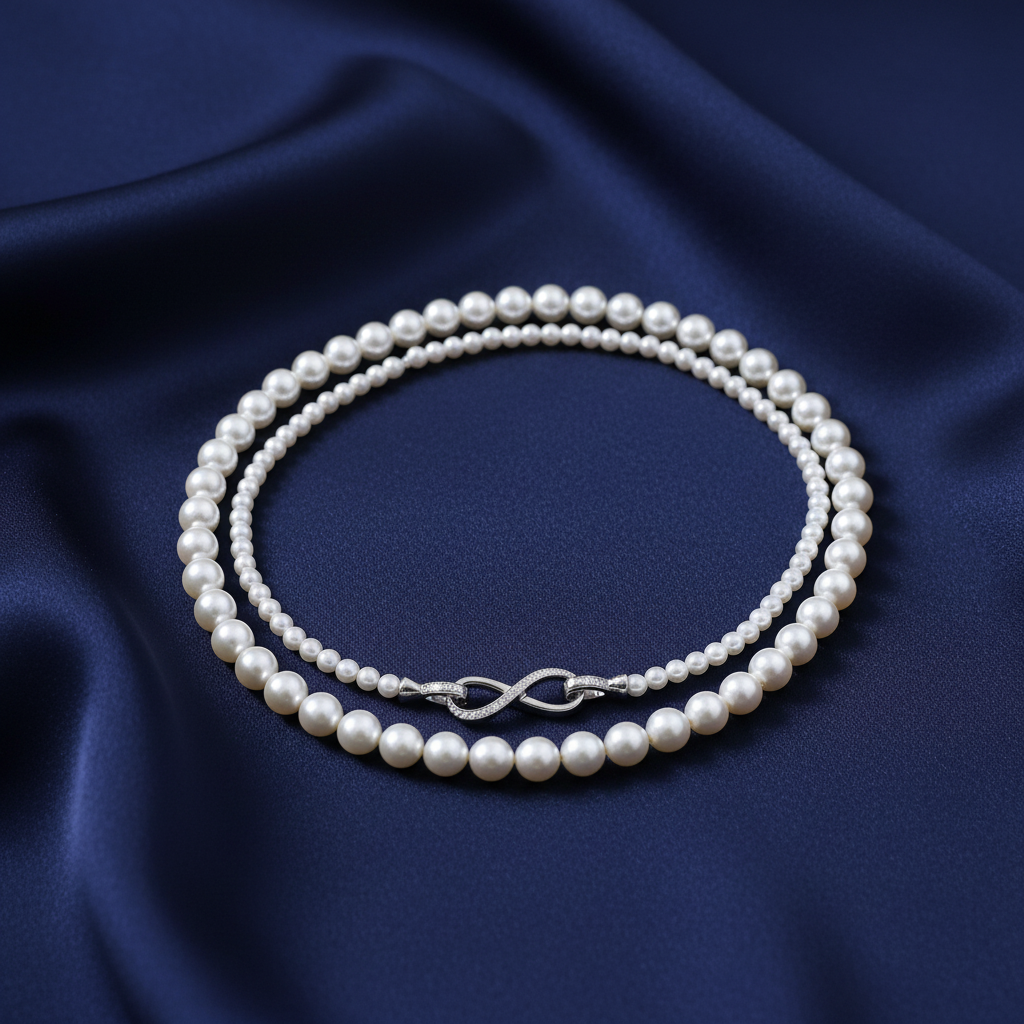 Timeless Elegance Layered Pearl Necklace with Silver Infinity Clasp on Navy Blue Silk