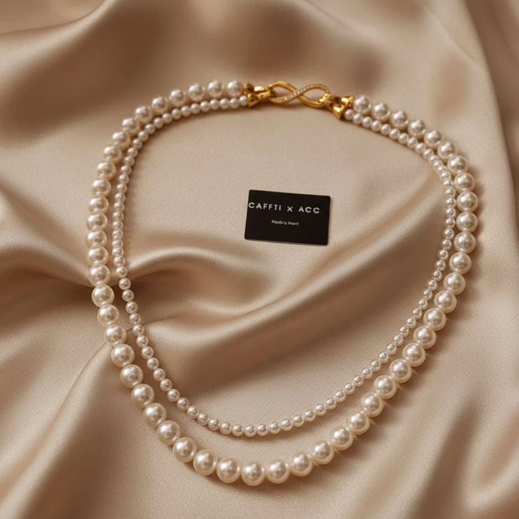 Timeless Elegance Layered Pearl Necklace with Gold Infinity Clasp on Beige Silk