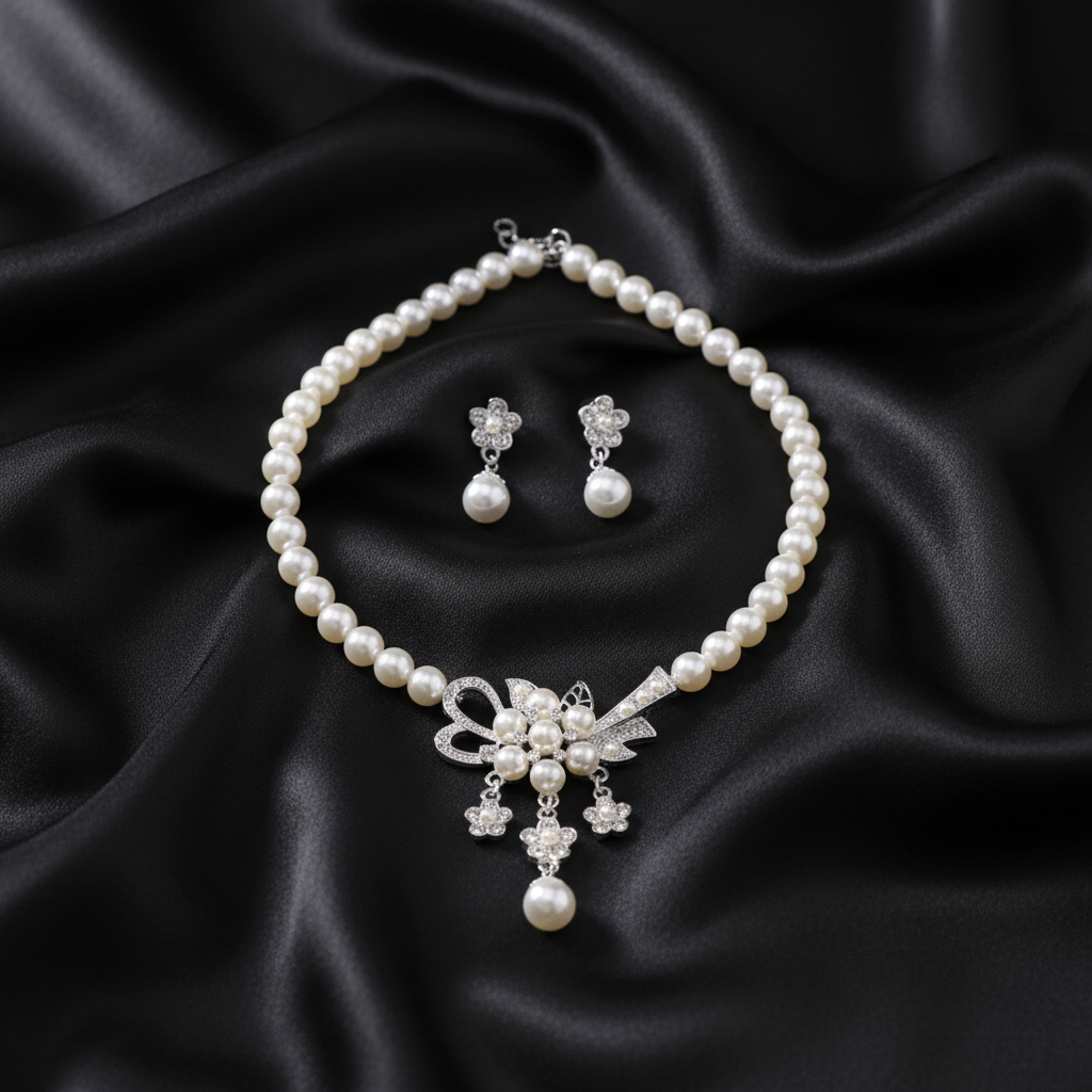 Vintage Romance Pearl Bow Set on black silk