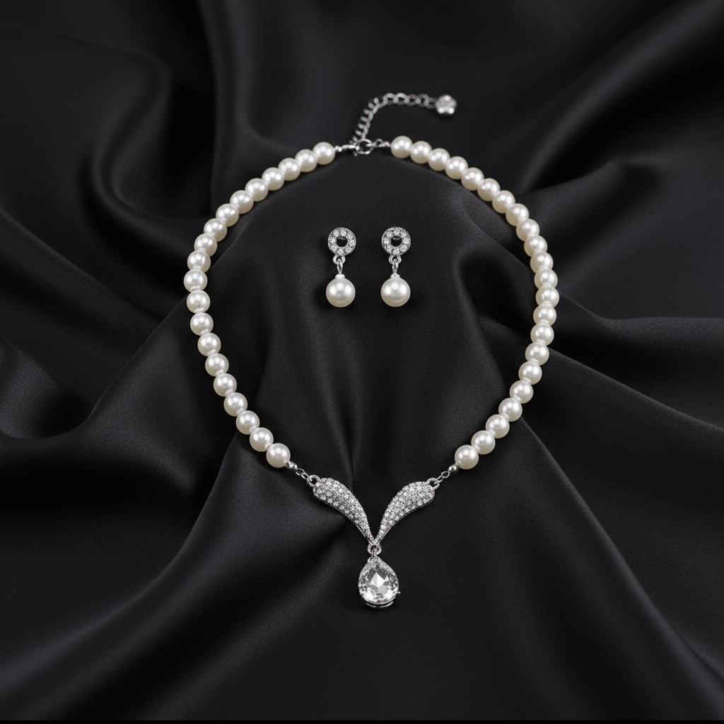 Luminous Elegance Pearl & Crystal Set on black silk