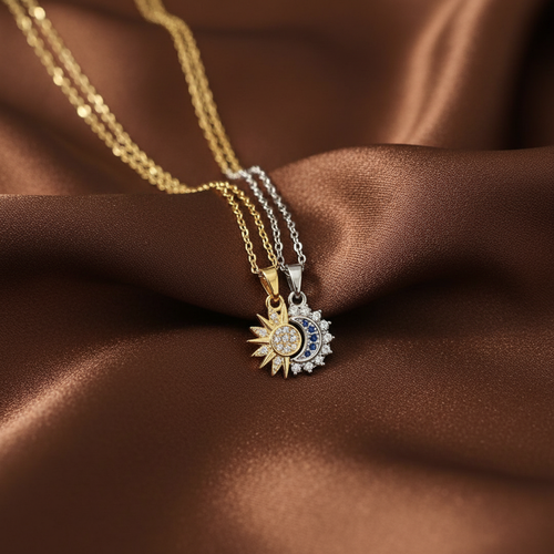 Celestial Harmony sun and moon necklace set on brown silk